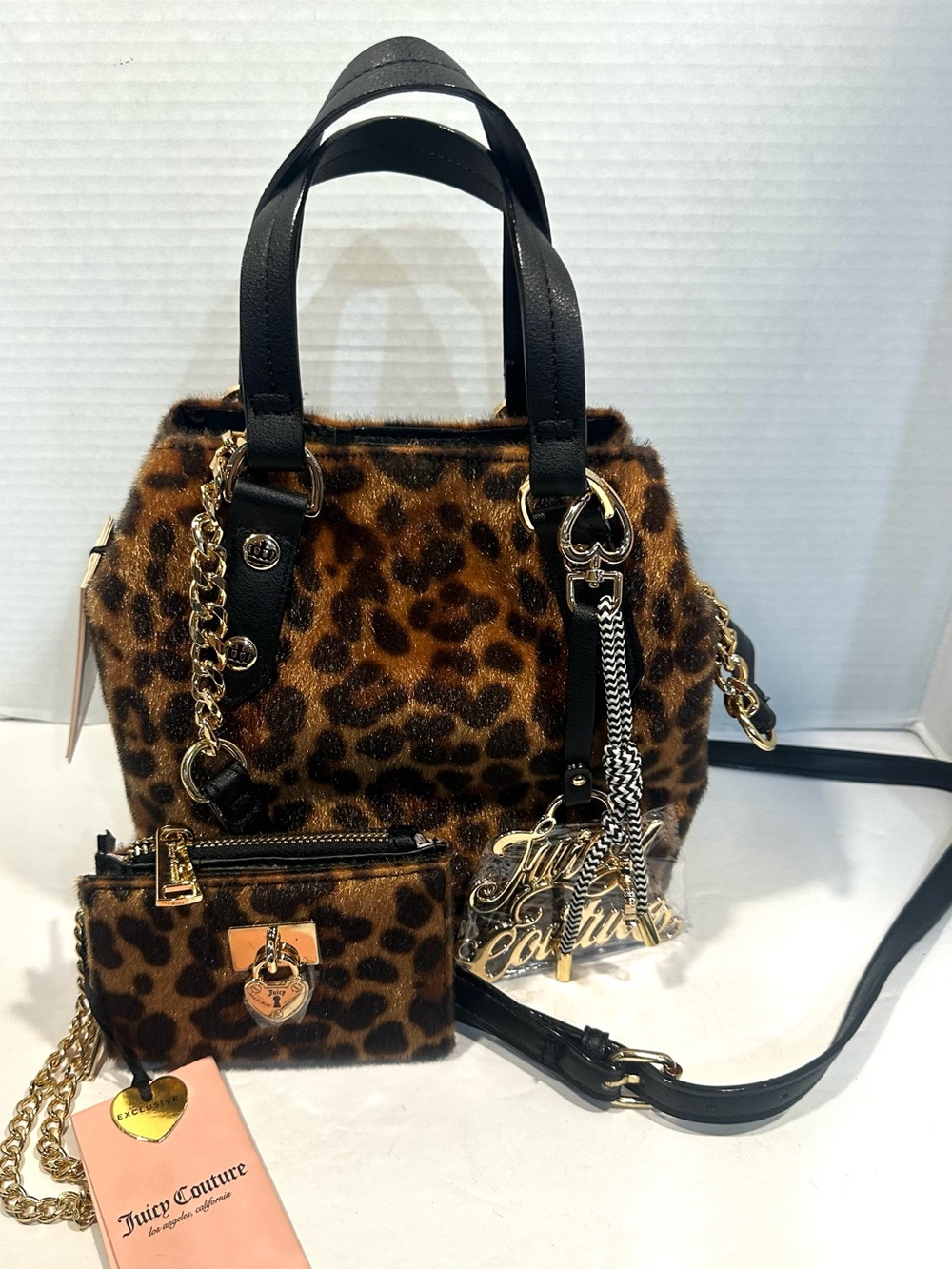 Juicy Couture Leopard Faux Fur Satchel Tote  ag with Coin Pouch Set